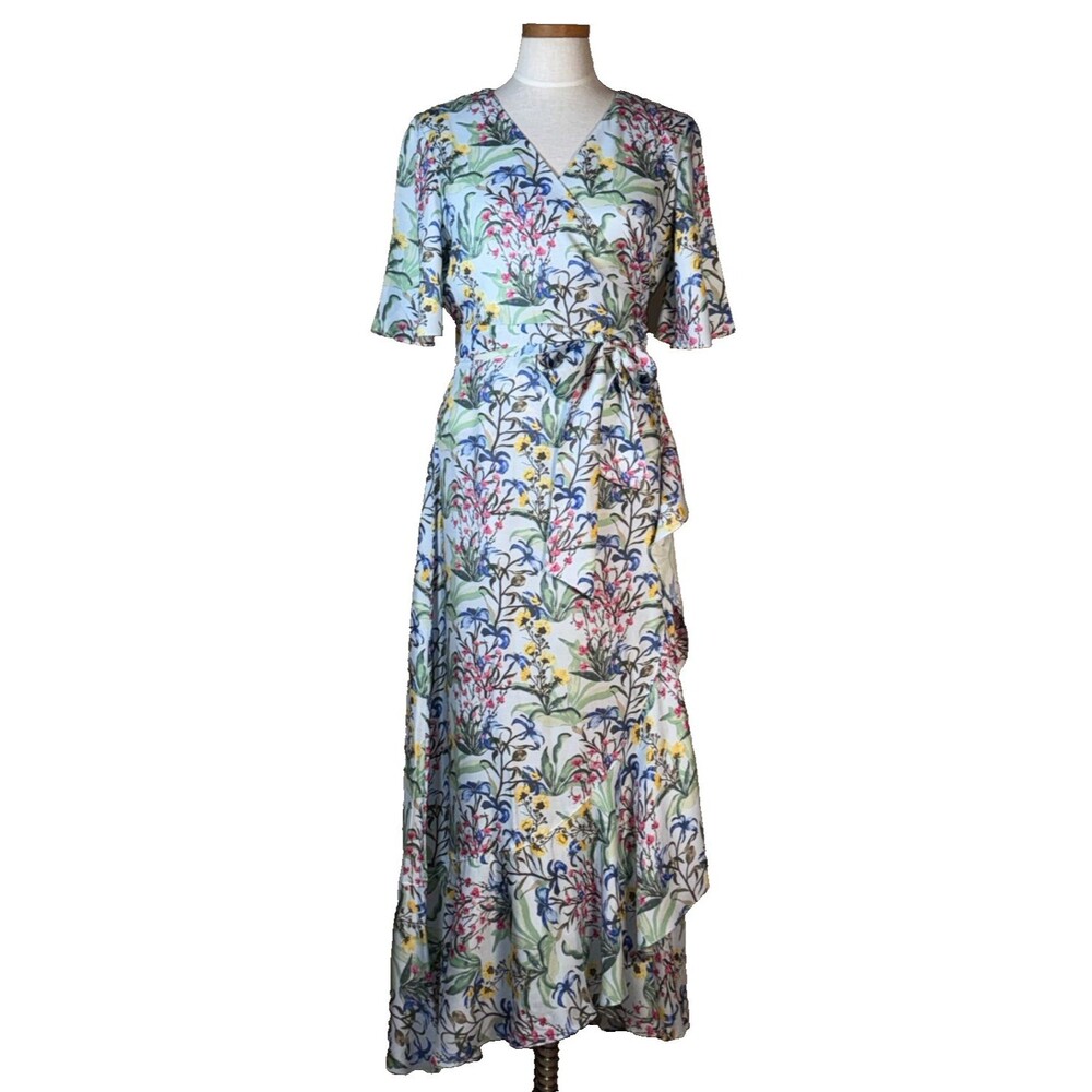 J McLaughlin Blue Floral Audette Wrap Dress Medium  Ruffle Maxi Boho Flowy EUC